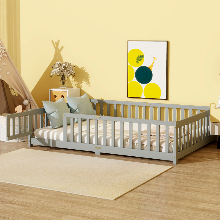 Full Size Floor Bed With Fence And Door,Rubber Wood Floor Bed With Safety Guardrails,Grey