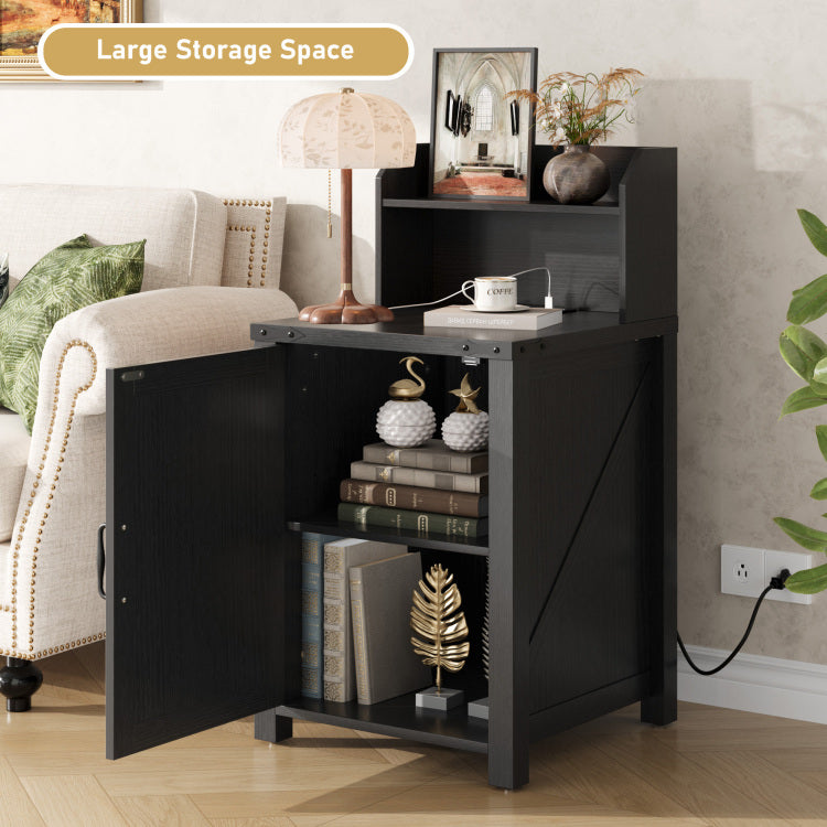 Okd Nightstand With Charging Station, 18 Inch Farmhouse End Table With Barn Door And Adjustable Storage Shelf, Rustic Wood Sofa Side Table W Magnetic Door For Living Room, Bedroom, Antique Black
