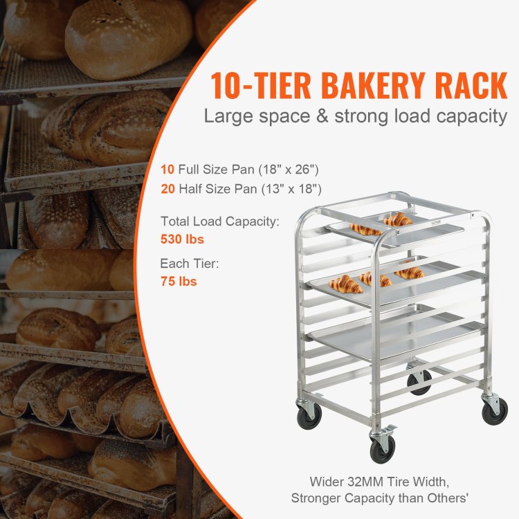Bun Pan Rack, 10 Tier Commercial Bakery Racks With Brake Wheels, Aluminum Racking Trolley Storage For Half & Full Sheet, Speed Rack For Kitchen Home, Bread Baking Equipment, 26"L X 20.3"W X 39"H