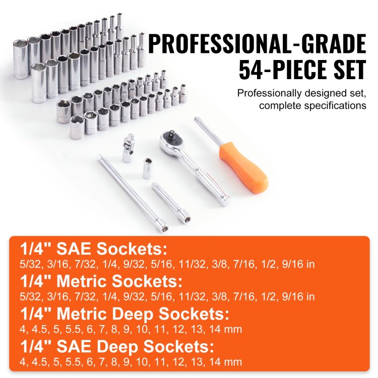 Socket Set, 1 4 Inch Drive Socket And Ratchet Set, 6 Point Socket Opening, 54 Pieces Tool Set Sae And Metric, Deep And Standard Sockets, 5 32 9 16 In, 4 14 Mm, With Accessories, Storage Case