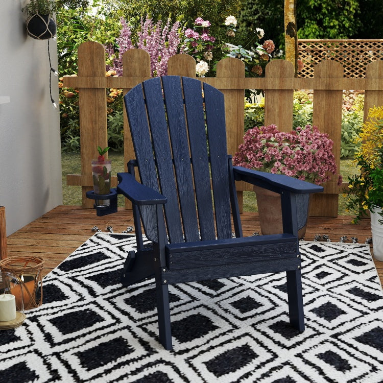Hdpe Folding Adirondack Chair Wood Texture, Patio Adirondack Chair Weather Resistant, Plastic Fire Pit Chair With Cup Holder, Lawn Chair For Outdoor Porch Garden Backyard Deck