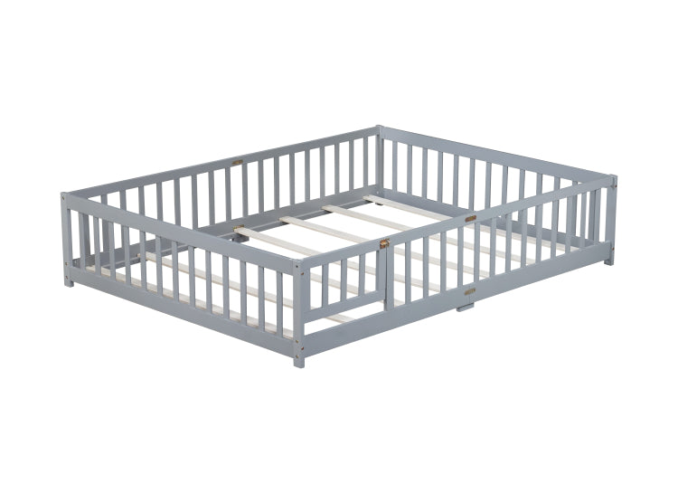 Queen Size Floor Bed With Fence,Door,Rubber Wood Floor Bed With Safety Guardrails,Grey