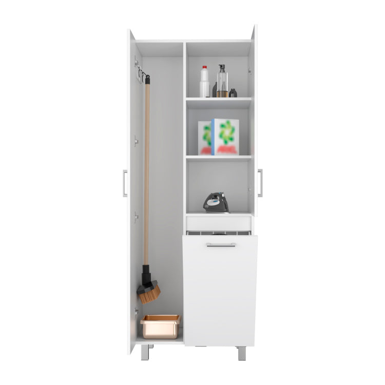 Iris 71" High Two Door Broom Closet With Hamper, Four Shelves, Hangers, Storage Closet, Pantry Cabinet