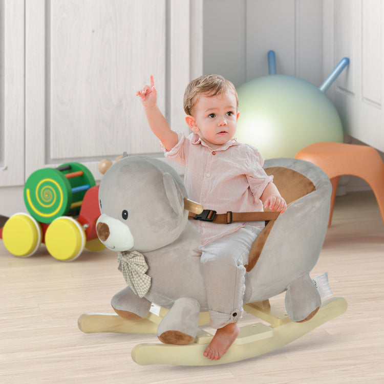Qaba Kids Rocking Horse, Bear Shaped Plush Toddler Ride On Horse With Sound, Wooden Base & Safety Belt For 18 36 Months, Gray