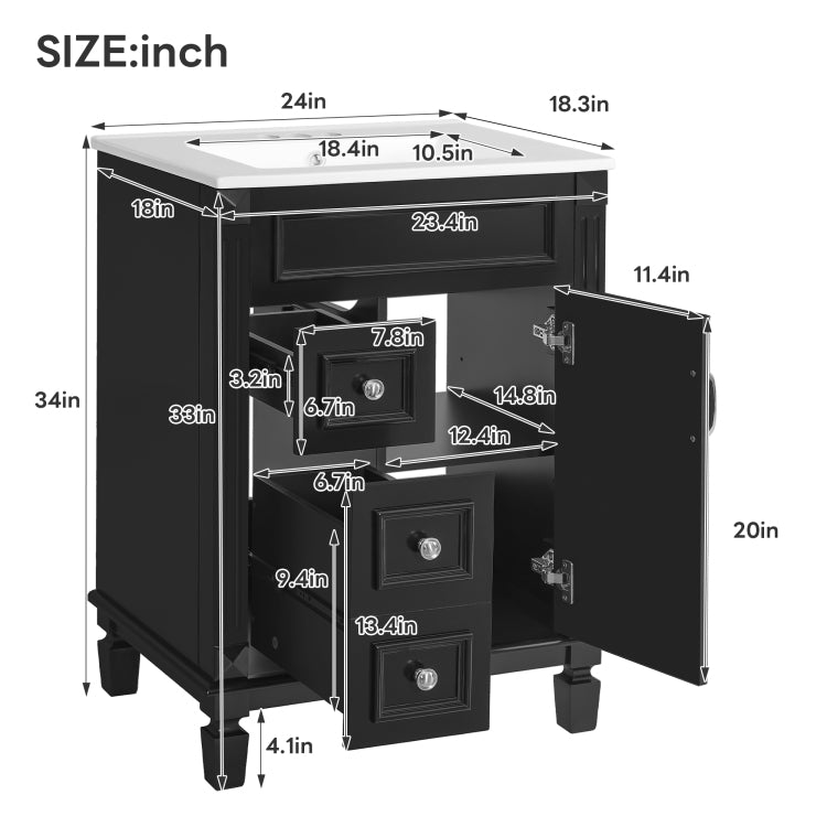 24" Bathroom Vanity With Ceramic Sink, Small Bathroom Sink Cabinet, Modern Cabinet With 2 Drawers And Adjustable Shelf