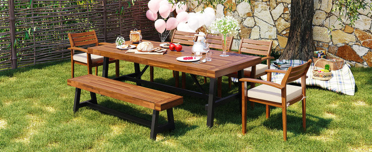 Outdoor Wood Dining Set For 7 8 Person, Outdoor Dining Furniture With Removable Cushions, Ernomic Chairs And Bench, Thicker Table, Nature
