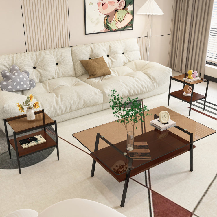 Coffee Table And End Tables Set Of 3, Tempered Glass Table With Mdf Layer, Modern Tables For Living Room , Brown Glass