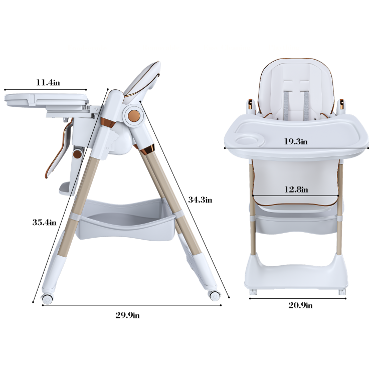 Adjustable Baby High Chair 0 6 Years Portable Infant Feeding Seat With Safety Belt, Silent Lockable Wheels & Easy Clean Design For Home, Dining, Living Room, Bedroom White