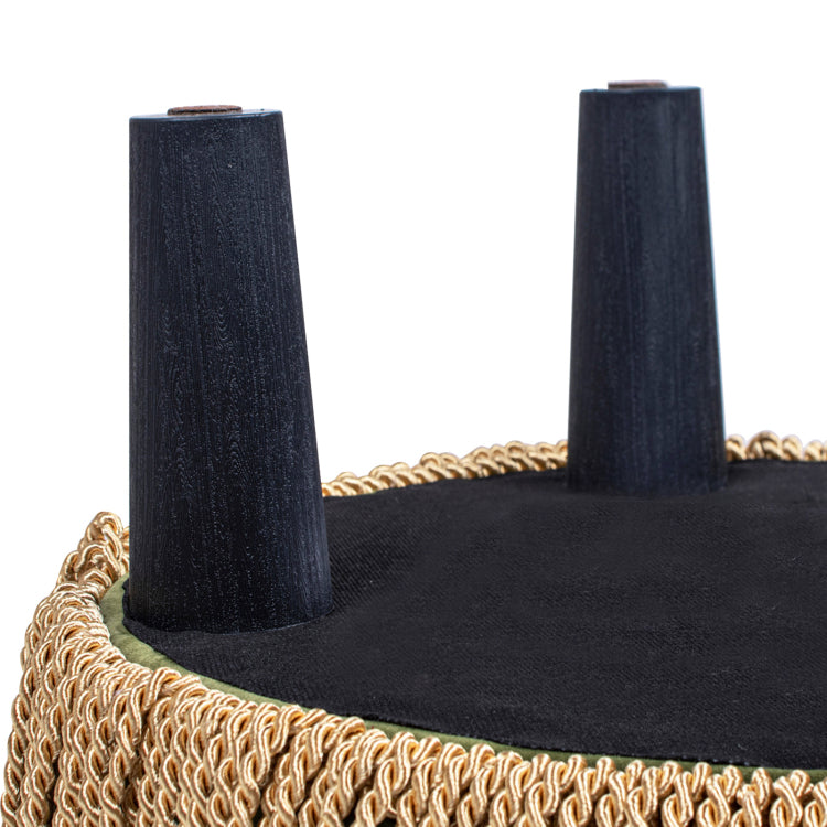 Edward 17.5" Round Upholstered Ottoman With Bullion Fringe, Olive Green Performance Velvet