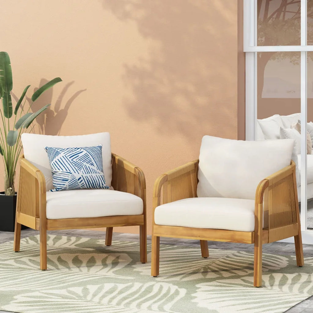Set Of 2, Acacia Wood And Wicker Outdoor Club Chair, Deep Seating With Soft Cushion, Porch Chairs For Garden, Backyard Porch Balcony, Brown & Beige