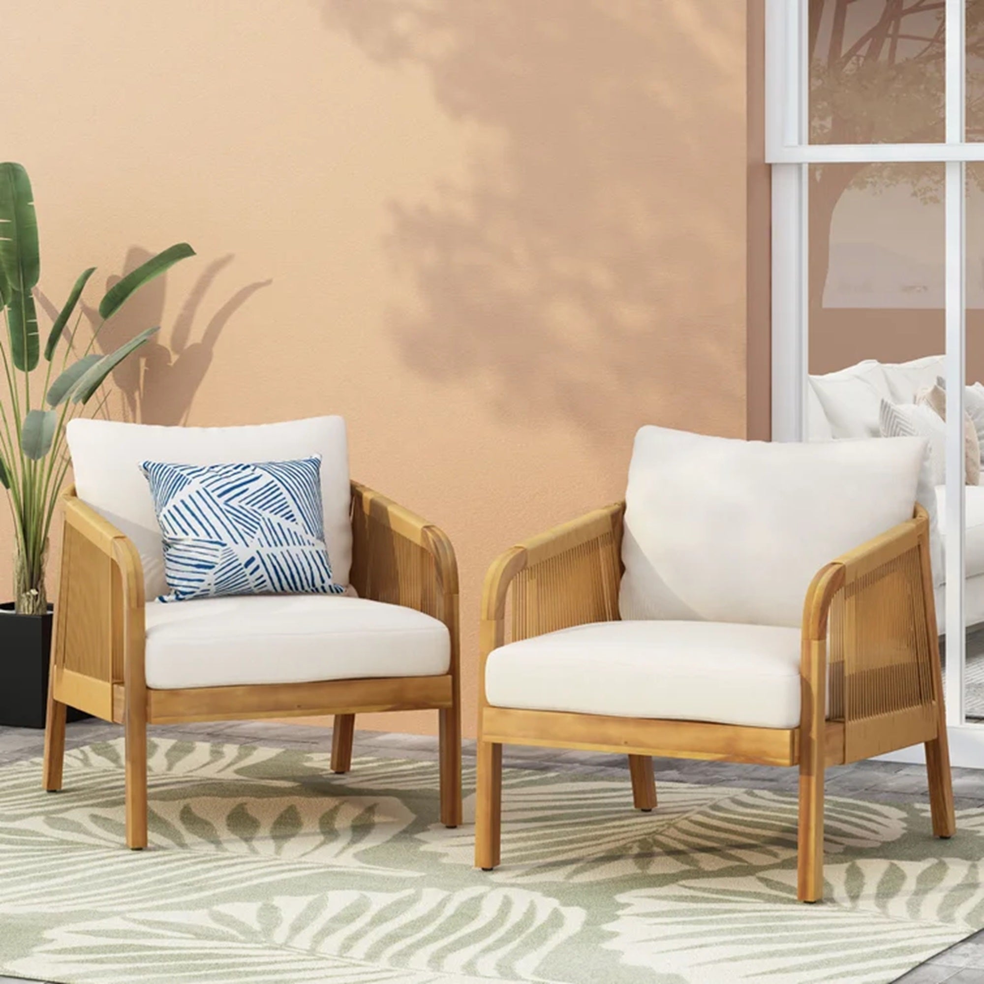 Set Of 2, Acacia Wood And Wicker Outdoor Club Chair, Deep Seating With Soft Cushion, Porch Chairs For Garden, Backyard Porch Balcony, Brown & Beige