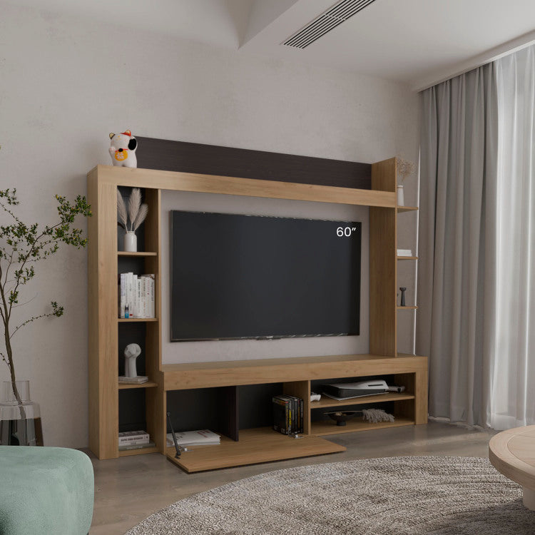 Cecil Entertainment Center And Tv Stand With Open Below Shelves And Storage Compartments With One Door, Natural Oak With Black