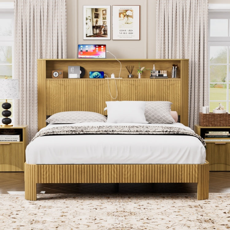 Queen Size Bed Frame With Storage Headboard, Built In Charging Station, Wavy Curved Lines Design, Silent Operation, Metal Support, Natural