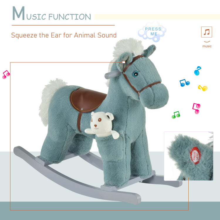 Qaba Kids Plush Ride On Rocking Horse With Bear Toy, Children Chair With Soft Plush Toy & Fun Realistic Sounds, Blue