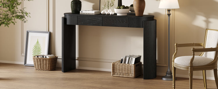 Entryway Table With Natural Wood Grain Finish, Console Table With Fluted Design, Oval Top And 2 Drawers For Entryway And Living Room Black