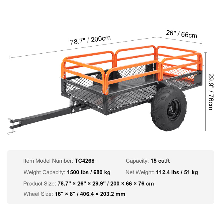 Heavy Duty Steel Atv Dump Trailer, 1500 Pound Load Capacity 15 Cubic Feet, Tow Behind Dump Cart Garden Trailer, With Removable Sides And 2 Tires, For Mowers, Tractors, Atv, Utv