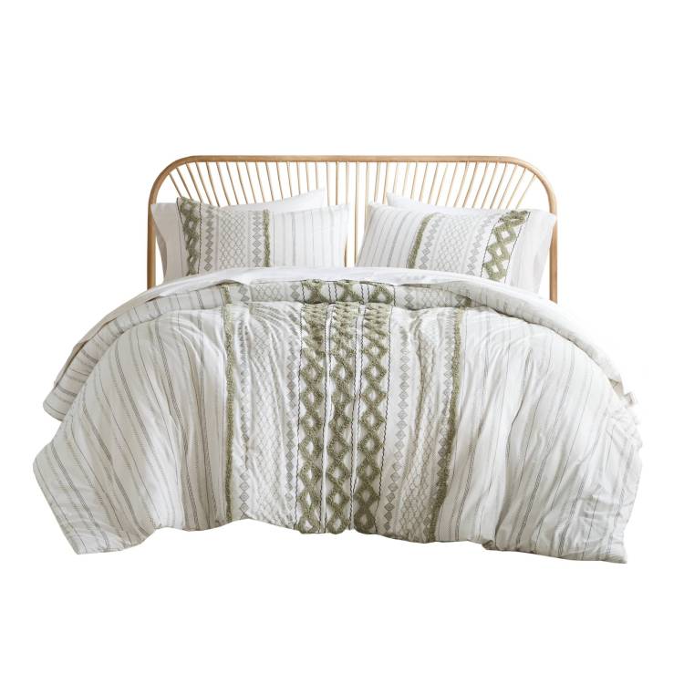 3 Pcs Full Queen Cotton Printed Comforter Set With Chenille Sage Ivory