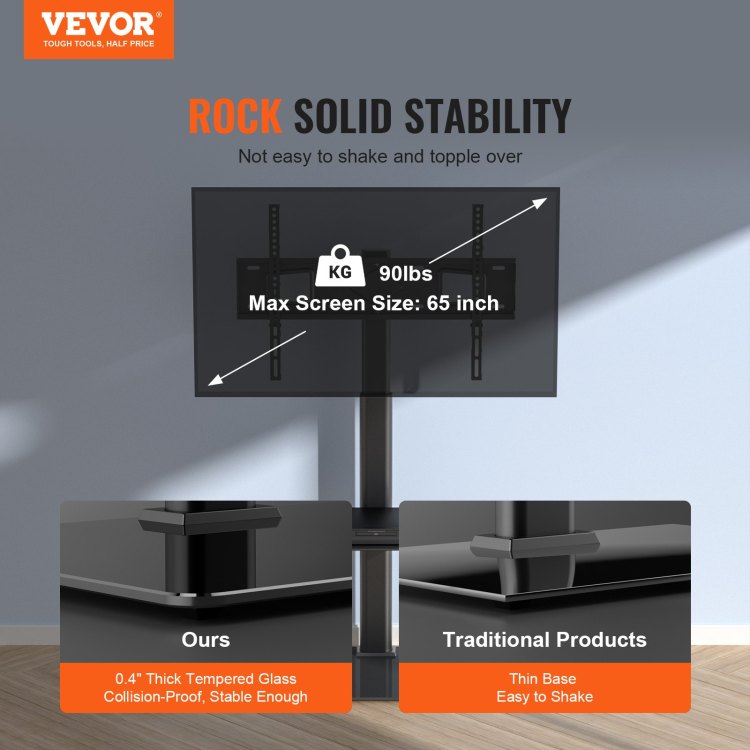 Tv Stand Mount, Swivel Tall Tv Stand For 32 To 65 Inch Tvs, Height Adjustable Portable Floor Tv Stand With Tempered Glass Base For Bedroom, Living Room