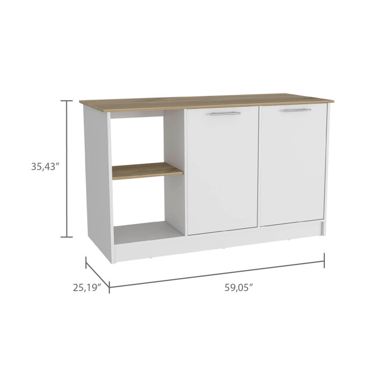 Kitchen Island With Large Countertop, Open Storage Shelves And Double Door Cabinet, White Light Oak