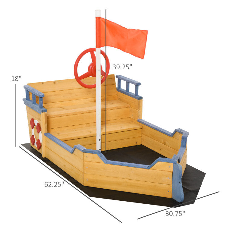 Outsunny Wooden Kids Pirate Sandbox, Outdoor Sandboat With Bench Seats, Storage, Non Woven Fabric Cloth For Backyard, Lawn
