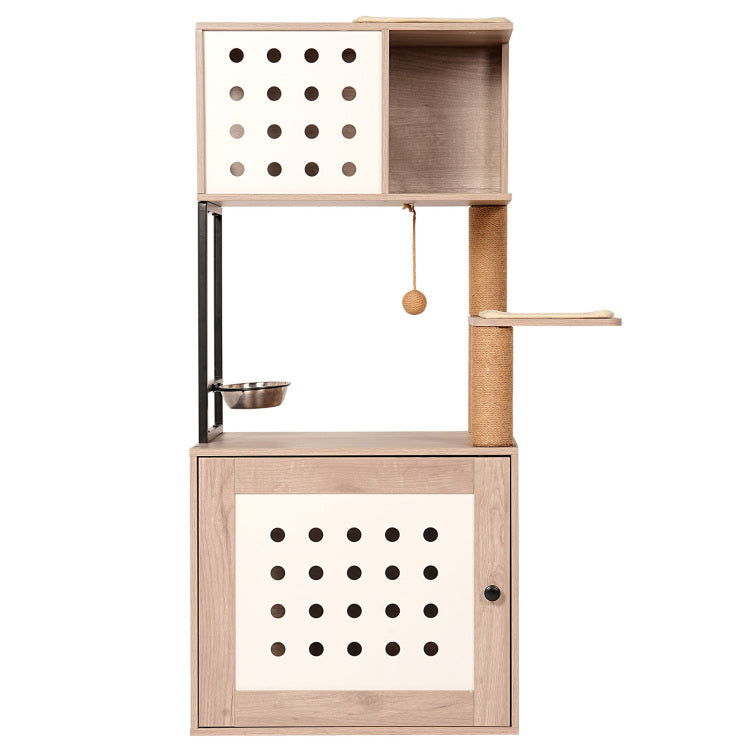 Cat Tree With Litter Box Enclosure, All In One Cat Tower For Indoor Cats With Large Hammock, Bed, Food Station, Scratching Posts, Modern Style Pet Furniture, Gray White
