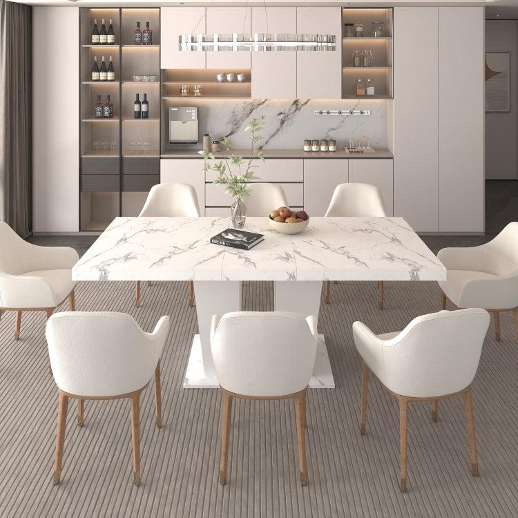 Extendable Dining Room Table For 6 10, Modern All White Faux Marble Rectangle Dining Table With Dual Column Pedestal Base, Expandable Kitchen Table