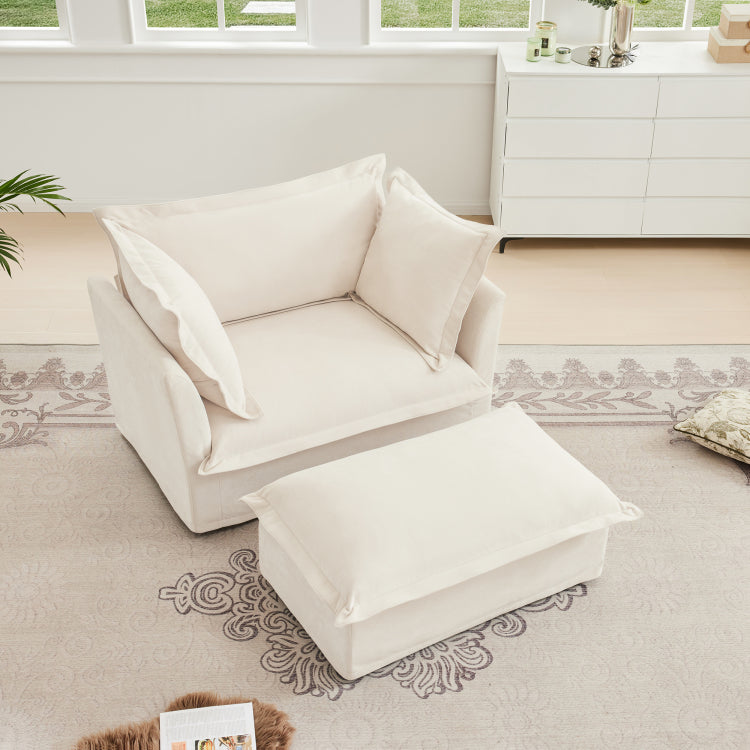 Upholstered Slipcovered Armchair With Ottoman, Deep Seat Armchair W Wide Ottoman For Living Room, Armchair Sets With Large Soft Pillows Set Of 2 ,Chenille Fabric,Cream