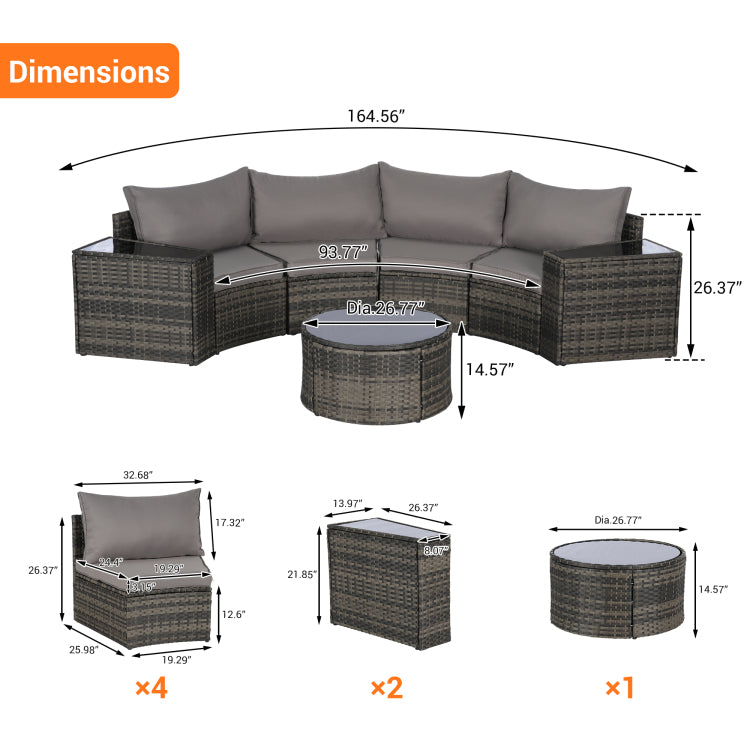 Outdoor Patio Furniture 7 Piece Half Moon Sectional Round Patio Furniture Set Sofa With Tempered Glass Round Coffee Table
