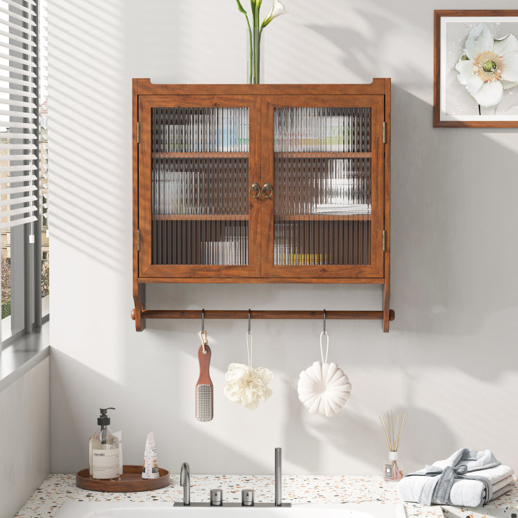 24.8"Glass Door Vintage Double Door Wall Cabinet With Three Tiers Of Storage With Towel Rack, For Bathroom, Kitchen,Dining Room,Brown