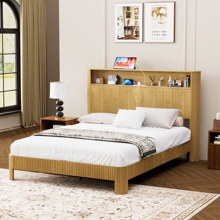 Queen Size Bed Frame With Storage Headboard, Built In Charging Station, Wavy Curved Lines Design, Silent Operation, Metal Support, Natural
