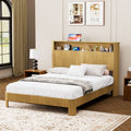 Queen Size Bed Frame With Storage Headboard, Built In Charging Station, Wavy Curved Lines Design, Silent Operation, Metal Support, Natural