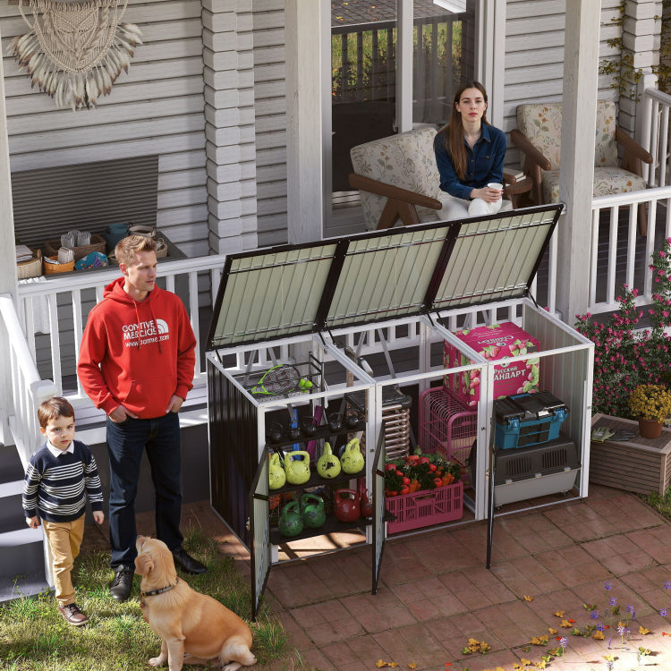 Garbage Bin Shed Stores 3 Trash Cans With Pneumatic Support Rod, With Lockable Doors & Waterproof Lid Chain, For Patio,Garden,Backyard,Grey