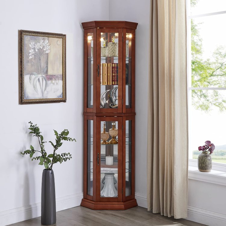 Corner Curio Cabinet With Lights, Adjustable Tempered Glass Shelves, Mirrored Back, Display Cabinet,Light Walnut E26 Light Bulb Not Included