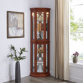 Corner Curio Cabinet With Lights, Adjustable Tempered Glass Shelves, Mirrored Back, Display Cabinet,Light Walnut E26 Light Bulb Not Included