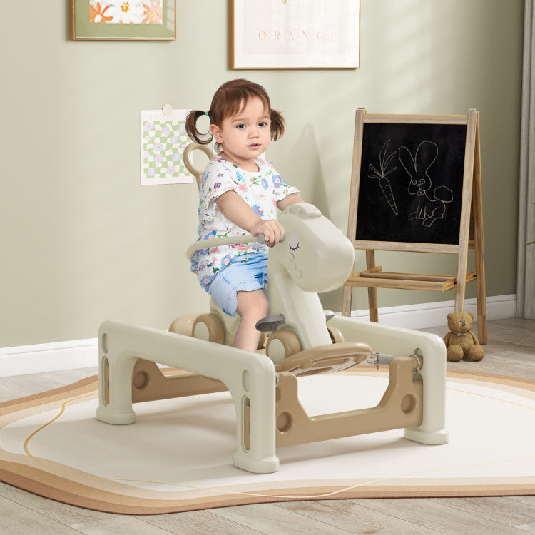 Qaba 5 In 1 Rocking Horse For Toddlers Years 1 6, Kids Spring Ride On Horse Balance Bike With Detachable Balance Board, Push Handle & Footrest For Baby Boys And Girls, Cream White