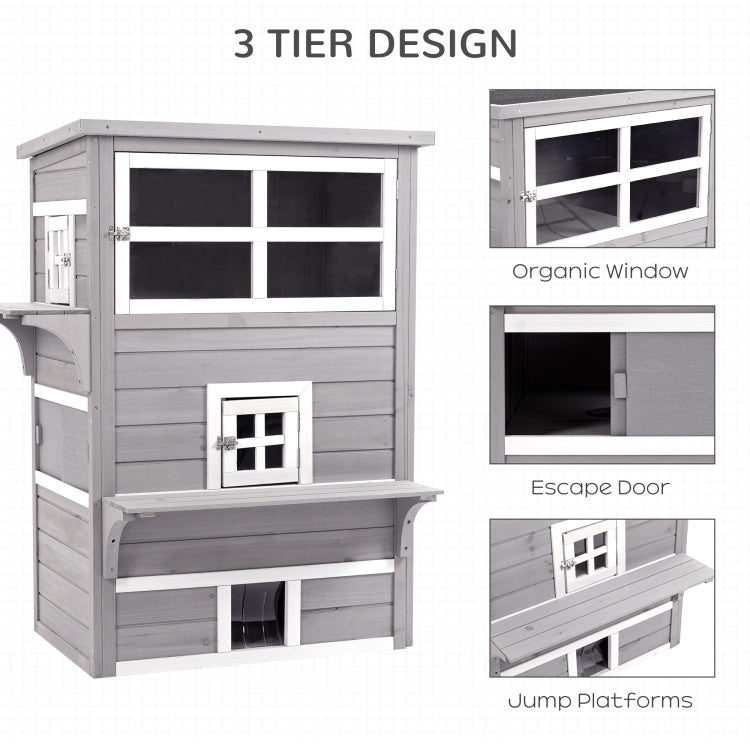 Pawhut 3 Story Cat House Feral Cat Shelter, Outdoor Kitten Condo With Raised Floor, Asphalt Roof, Escape Doors, Jumping Platforms, Grey