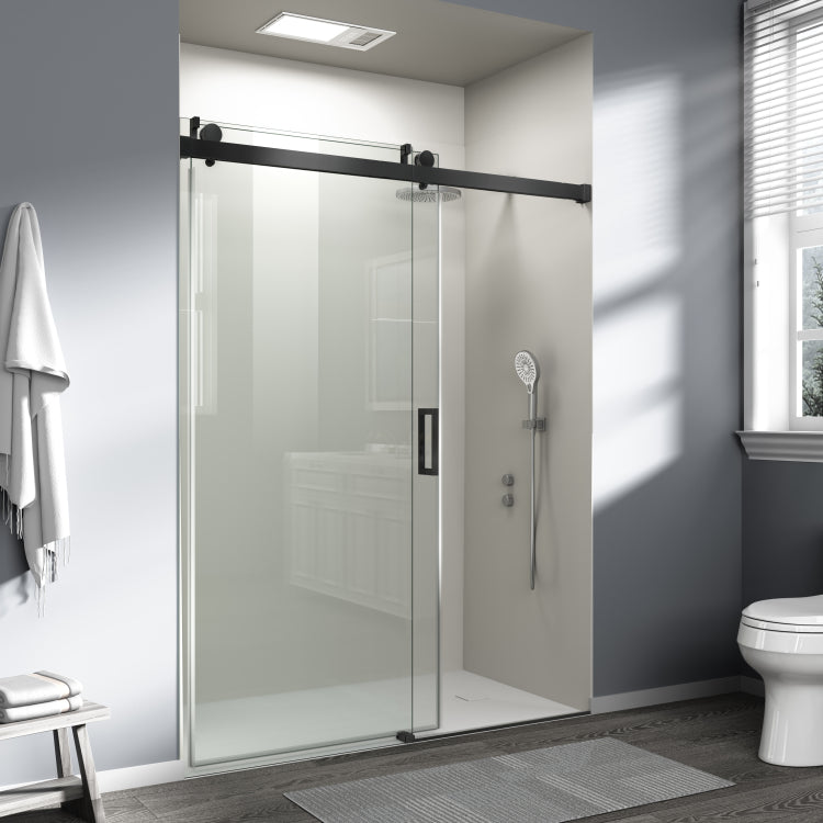 56" 60" W X 76" H Frameless Soft Closing Single Sliding Shower Door, 3 8" 10Mm Tempered Glass With Easy Cleaning Nano Coating, Matte Black 22D01 60Mb