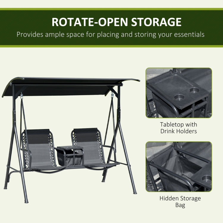 Outsunny 2 Seat Patio Swing Chair, Outdoor Canopy Swing Glider With Pivot Storage Table, Cup Holder, Adjustable Shade, Bungie Seat Suspension And Weather Resistant Steel Frame, Black