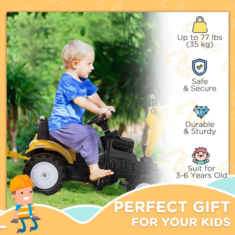 Aosom Digger Ride On Truck Kids Car With Horn, Excavator Ride On Toy, Imaginative Toy Construction Car, 6 Wheels & Detachable Trailer, Yellow