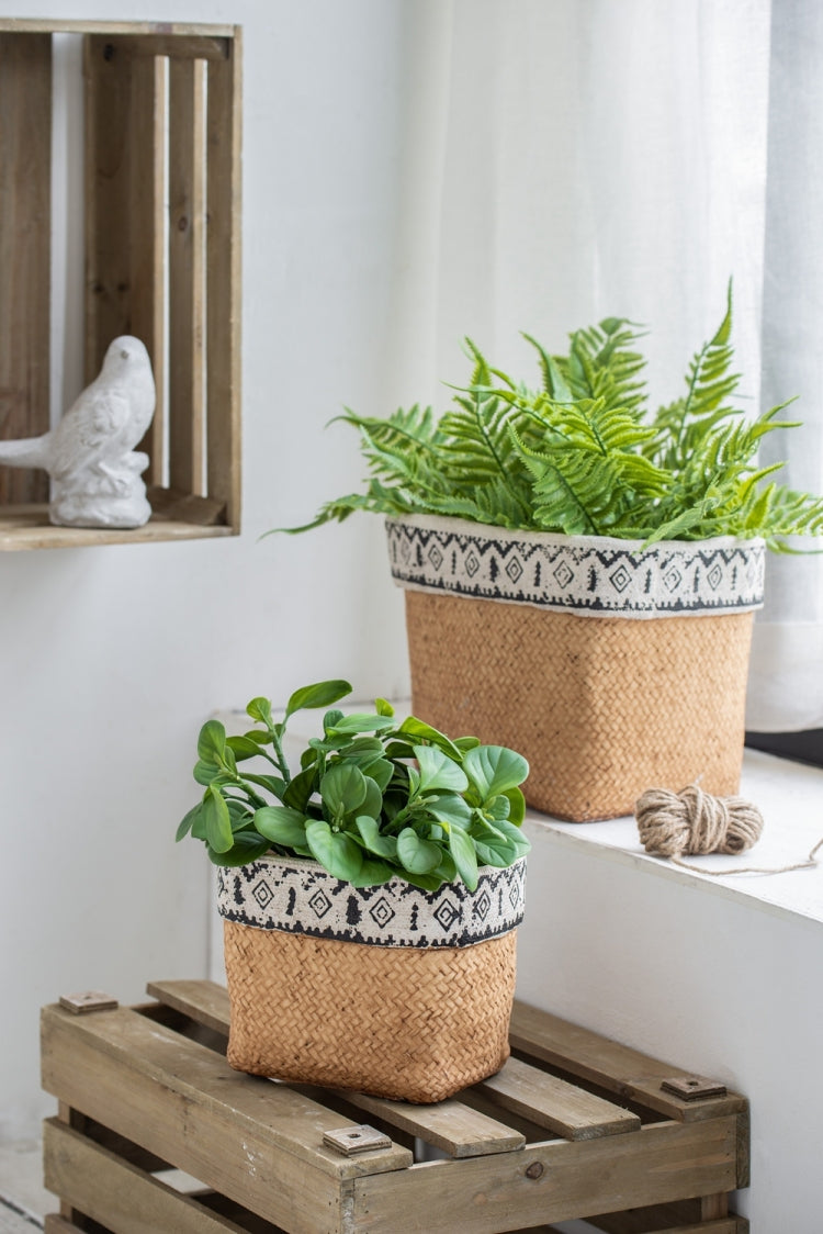Set Of 2 Rectangular Basket Planters With Geometric Trim, L:10.5X8.5X8" S:7.5X5.5X6.5"