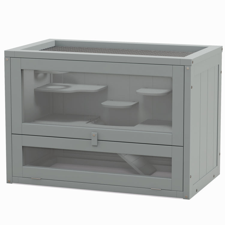 Pawhut 2 Level Hamster Cage Mice And Rat House, Small Animal Habitat For Guinea Pigs, Chinchillas With Openable Top, Front Door, Shelf And Ladder, Gray