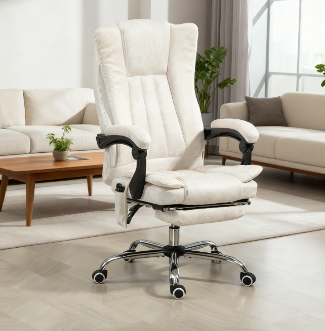 Massage Office Chair , Reclining Computer Chair With Adjustable Height And Footrest,White