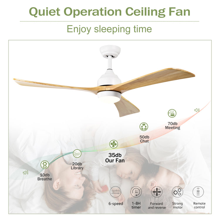 52" Solid Wood Blades With Lights Remote Control,Quiet Dc Motor 3 Blade S 6 Speed Levels,Reversible , For Patio Living Room, Bedroom, Office,Indoor. White Natural