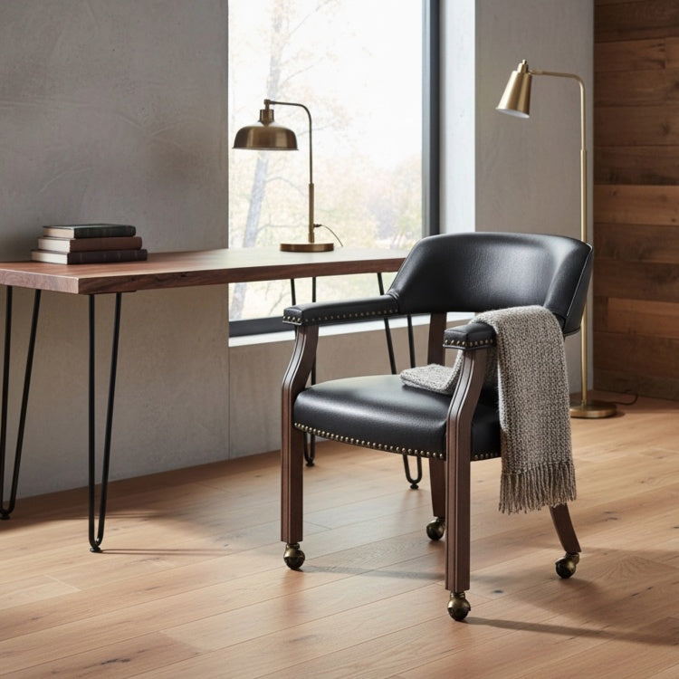 Gorman Dining And Game Chair In Walnut With Black Faux Leather