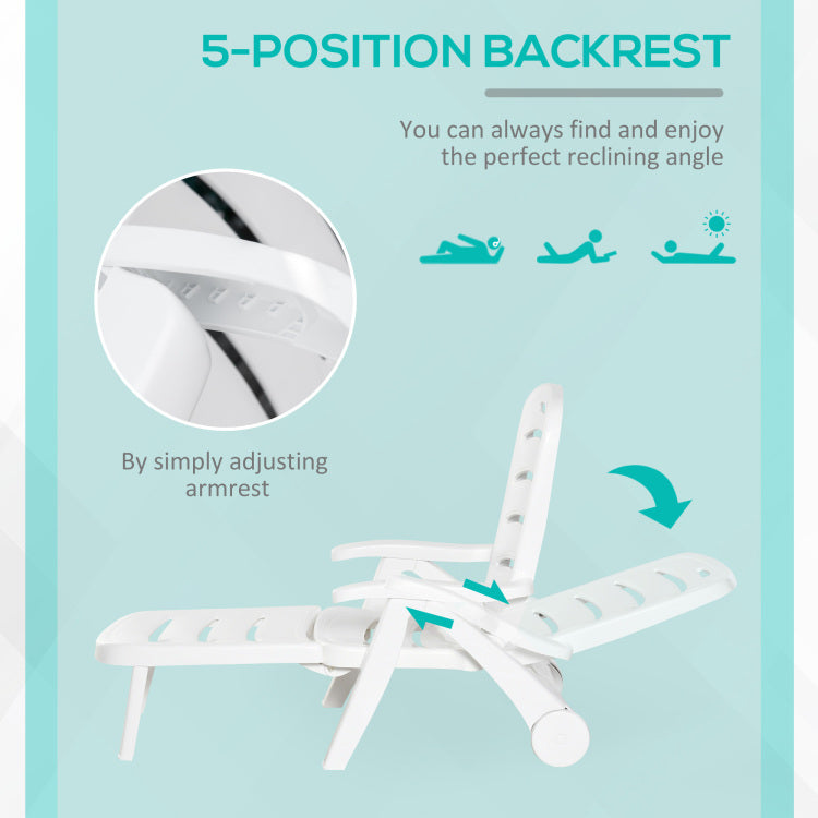 Outsunny Outdoor Chaise Lounge, 5 Level Adjustable Backrest Lounge Chair With Wheels, Folding Tanning Chair For Pool, Beach, Patio, Garden, White