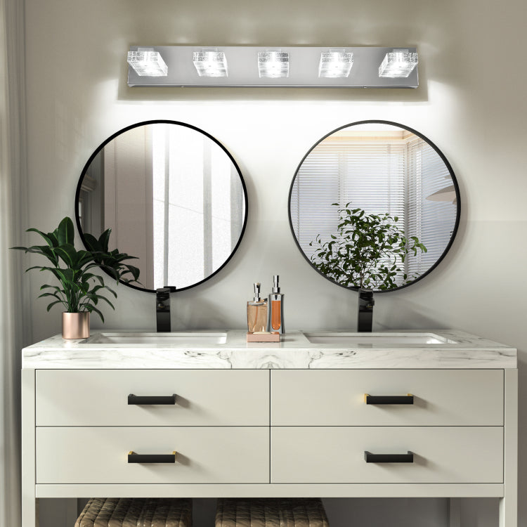 31" Modern Chrome 5 Light Led Vanity Light, Square Acrylic Lampshades Wall Mount Fixture For Bathroom, Mirror Lighting