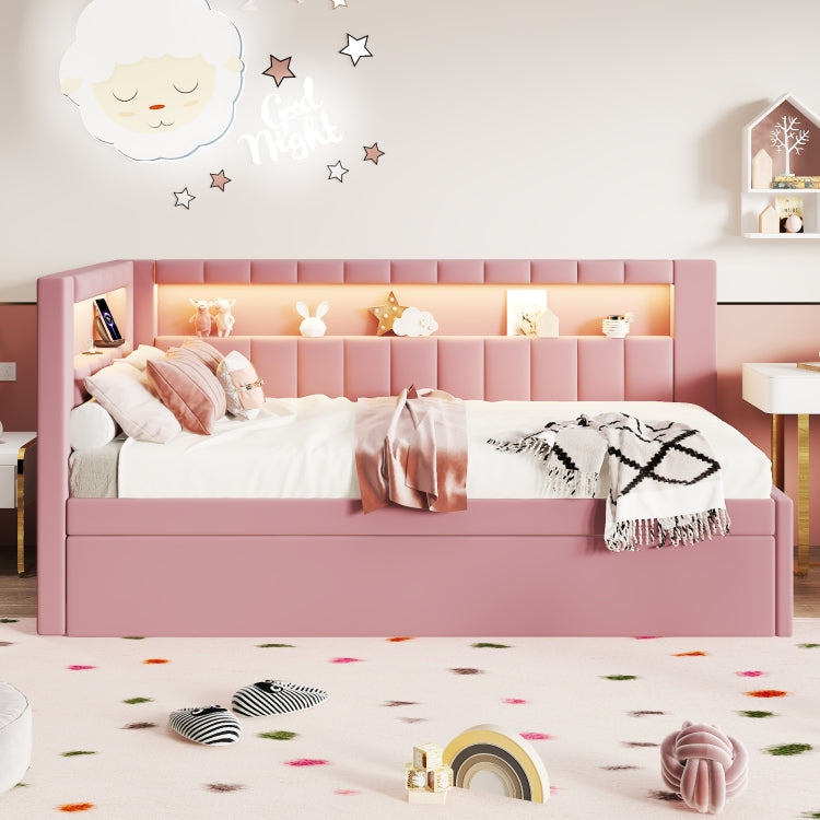 Upholstered Twin Size Platform Bed With Usb Ports And Led Belt, With Trundle, Pink