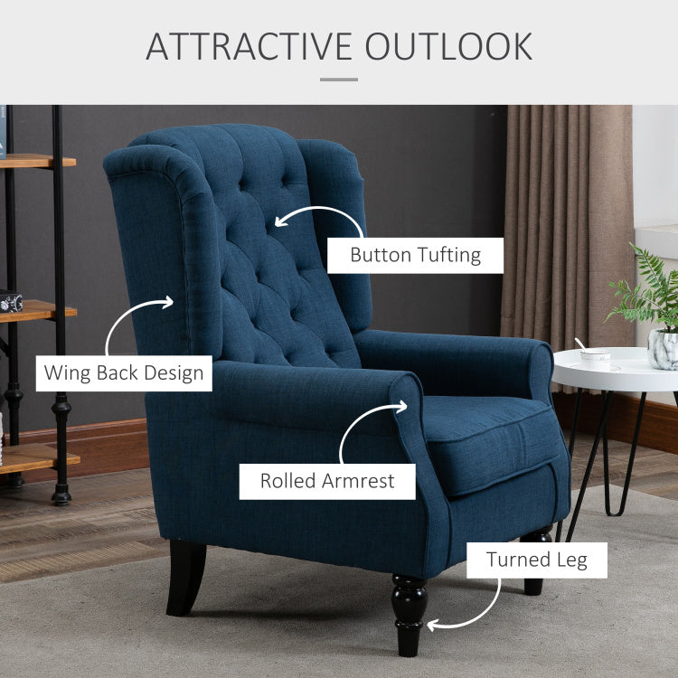 Homcom Button Tufted Accent Chair With High Wingback, Rounded Cushioned Armrests And Thick Padded Seat, Blue