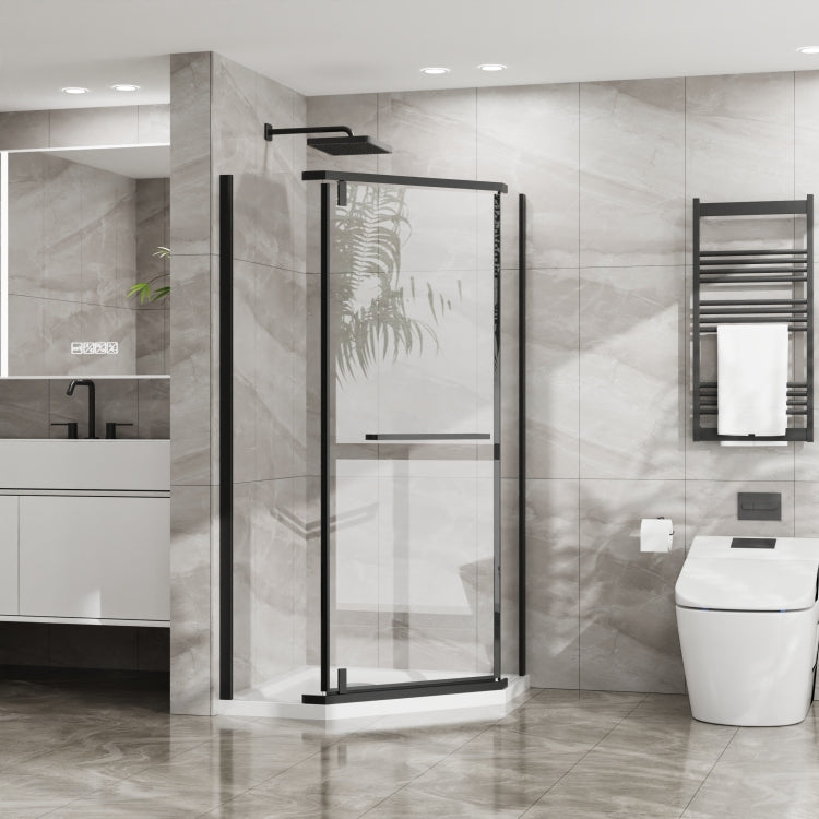 Goodyo Neo Angle Frameless Shower Door 36 In. D X 36 In. W X 72 In. H Corner Shower Enclosure With White Acrylic Shower Base Combo, Pivot Shower Door In Matte Black Finish