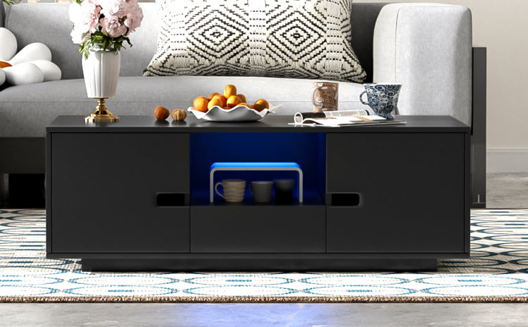 Modern High Glossy Rectangle Coffee Table, Stylish Center Table With Storage Space, Accent Furniture With 16 Color Led Lights For Living Room